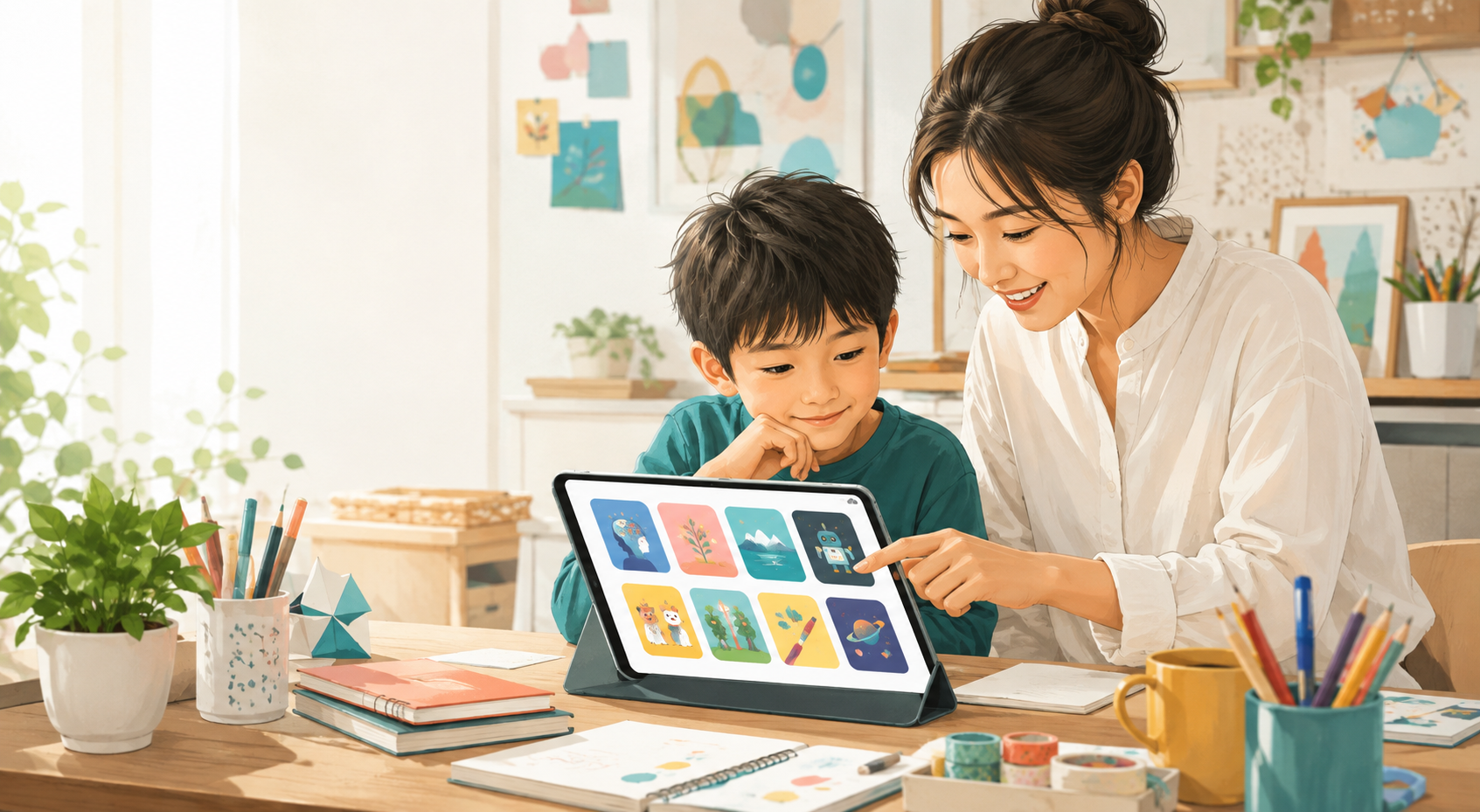 親子がタブレット上のAI作品ギャラリーを見ながら話している明るいアトリエ風のイラスト